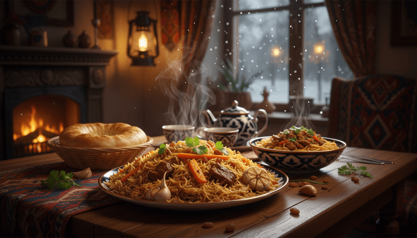 Winter dining table with plov, flatbread, and tea by a fireplace